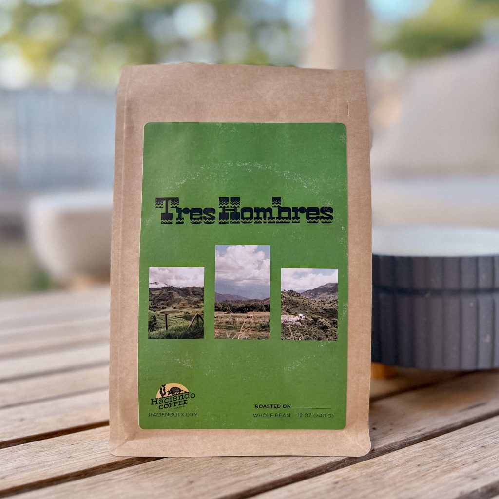 Tres Hombres specialty coffee blend from Haciendo Coffee Roasters with the special edition 50th anniversary ZZ Top label